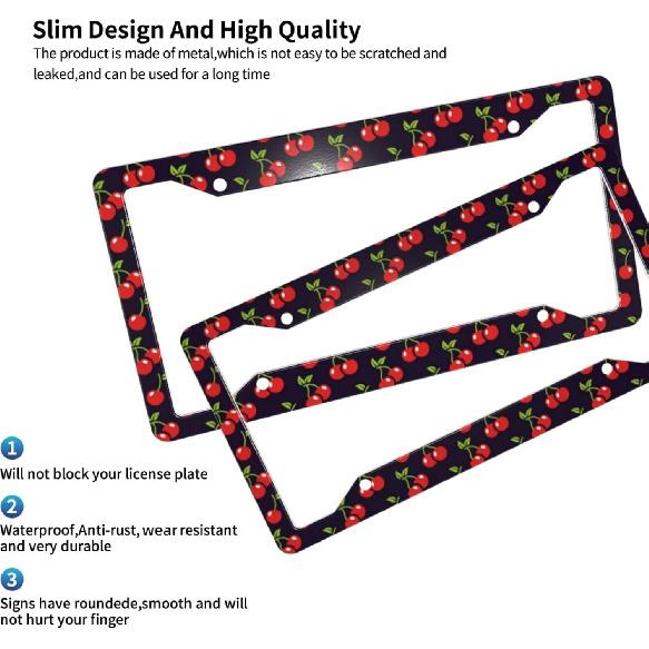 Cute Cherry License Plate Frames, 2 Packs Decorative License Plate Covers Red Car Accessories Aluminum License Plate Holder For Women Men