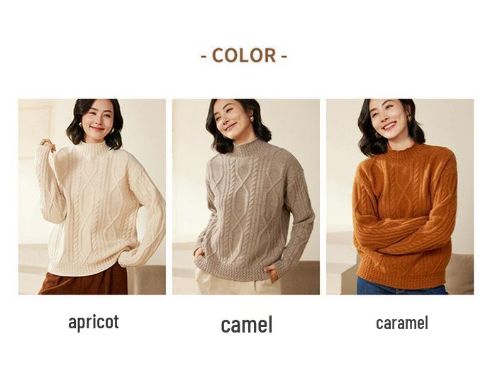 Women's Heavy Knit Wool Cashmere Cable Sweater with Half-High Neck - New Loose Fit for Autumn/Winter