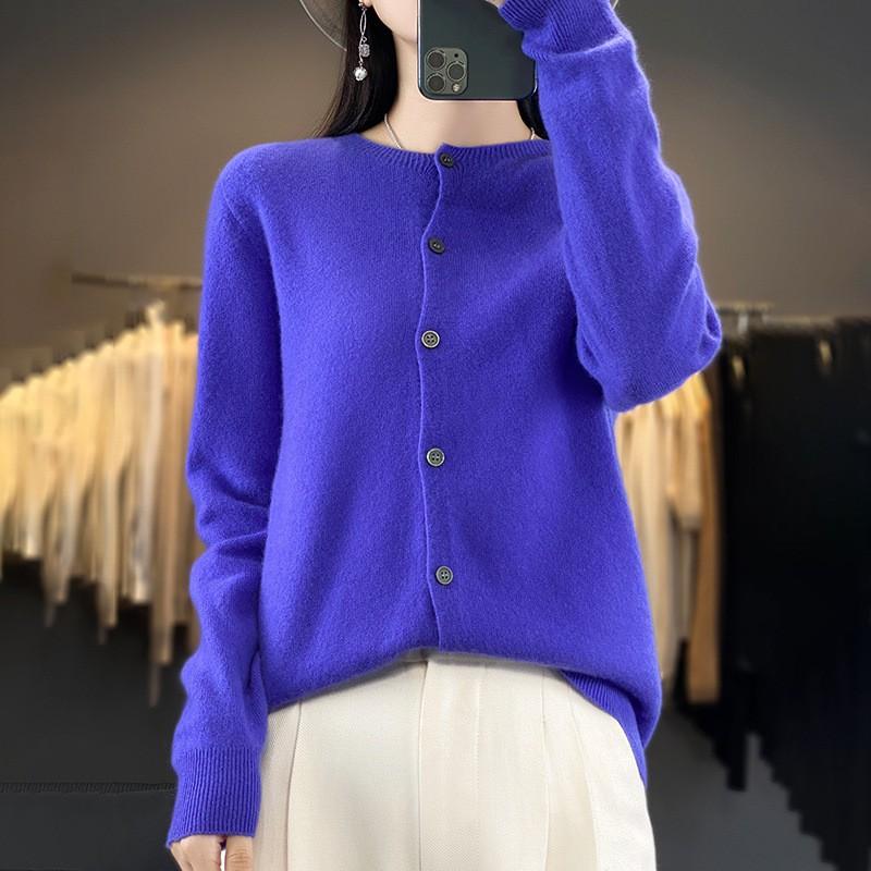 Womens Wool Knit Cardigan Sweater Round Neck Long Sleeve Lightweight Outerwear Fall Winter