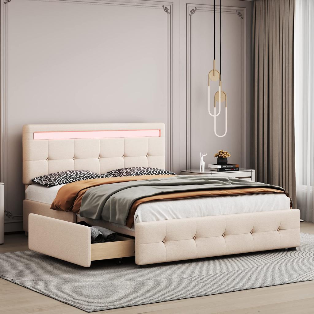 Polsterbett 90x200 cm LED-Beleuchtung, USB-Lade, Einzelbett Bettgestell, Lattenrost, Stauraum, 2 Schubladen, Leinen, Beige