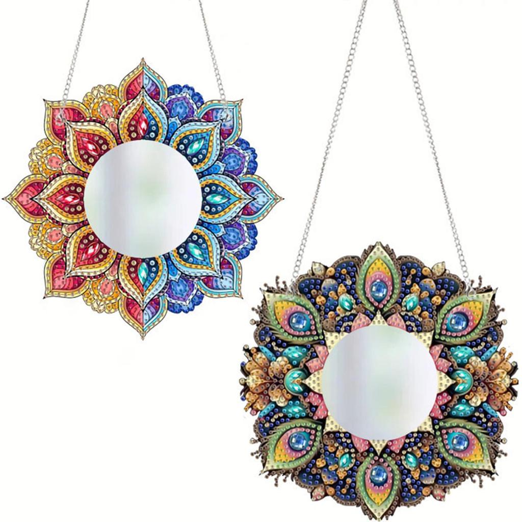 2D/Flat DIY Hanging Mirror Diamond Art Kits Diamond Painting Set Rhinestone Diamond Art Mirror Pendants Wall Door Decoration