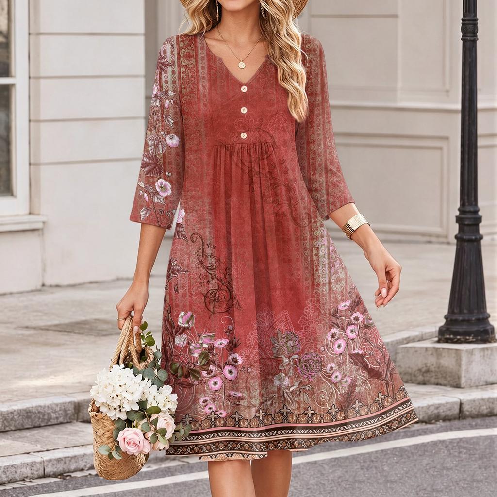 Women's Casual Floral Print V-Neck 3/4 Sleeve Dress