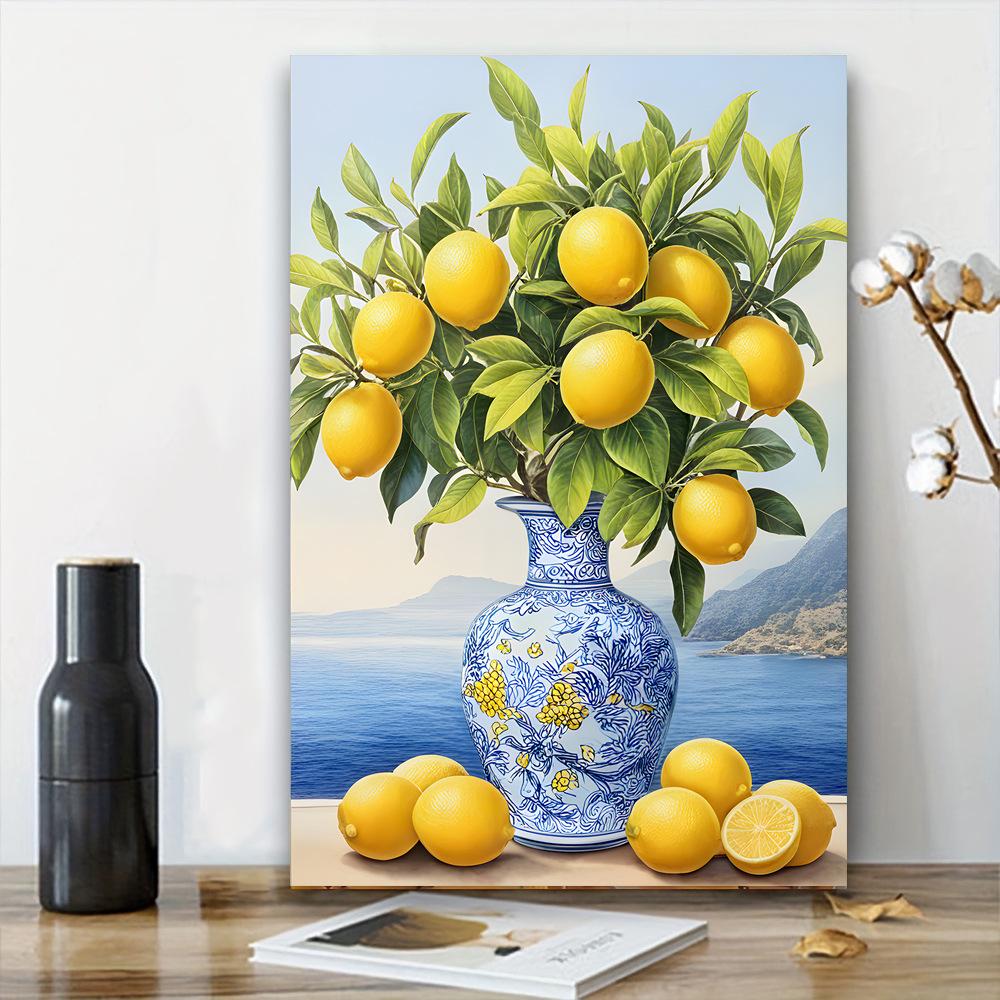 Modern Coastal Landscape Wall Art: Lemon Med Scenery Window Frame Design for Living Room & Bedroom