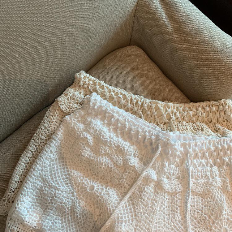 Women's Lace Hollow-Out A-Line High Waist Wide-Leg Three-Quarter Sports Shorts - Summer Anti-Exposure Style