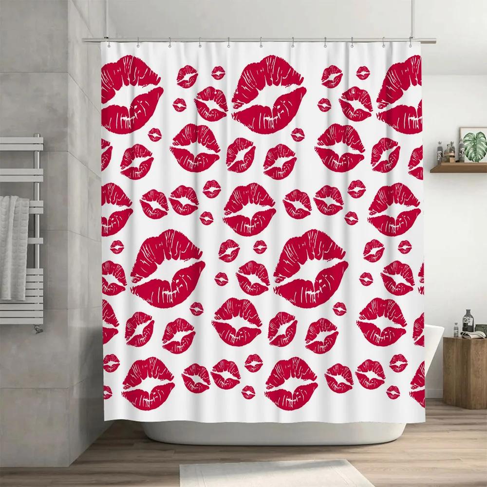 Stylish Red Lips Pattern Shower Curtain for Bathroom Decor Waterproof Fabric Hooks Included