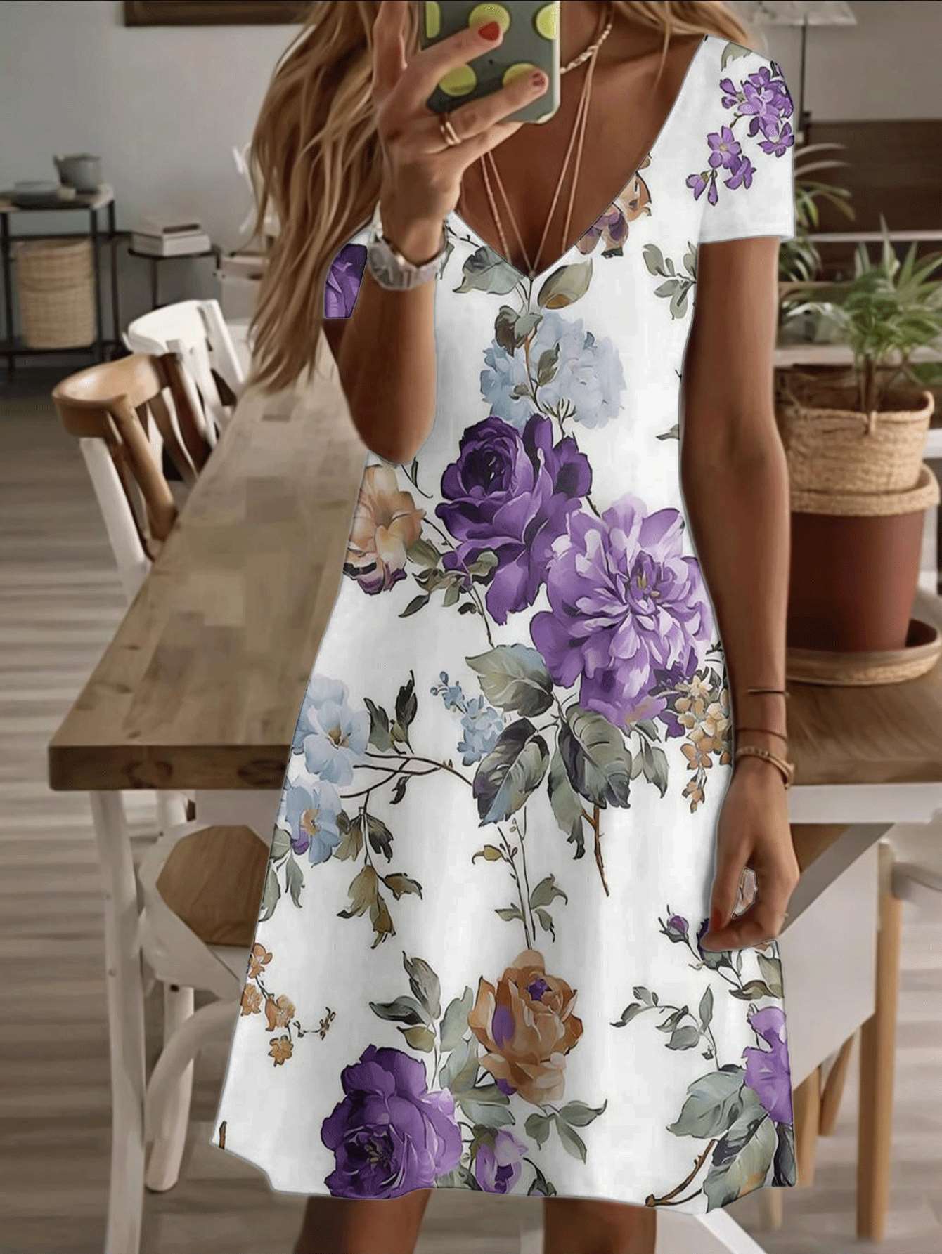 

Vneck shortsleeve midi dress purple rose floral print 3D premium printing durable casual fashion women’s summer outfit elegant garden flower design br 3XL дубильна кора