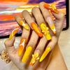 Orange French Press-On Nails with Rhinestones and Small Flowers, Long Style