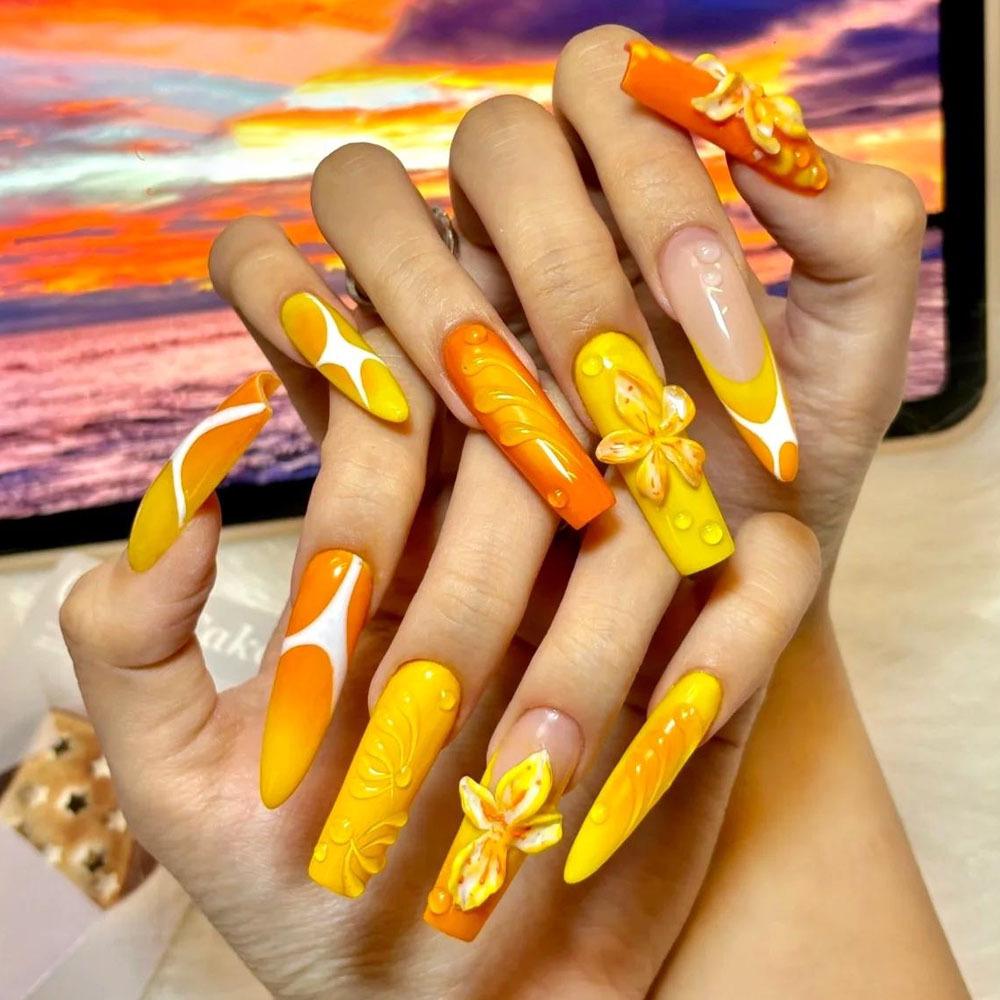 Orange French Press-On Nails with Rhinestones and Small Flowers, Long Style