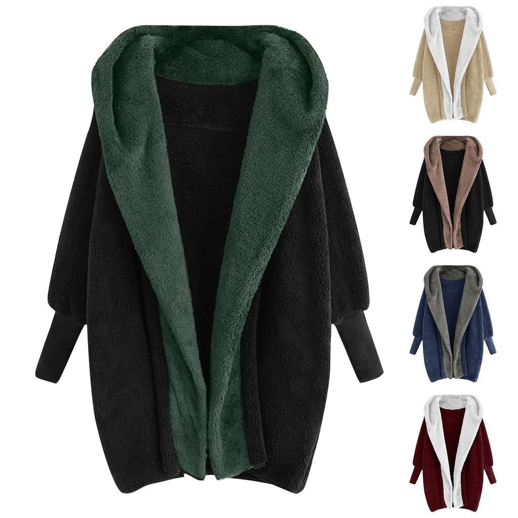 Damenmode, Farbblockierung, lockere Fleece-Strickjacke mit Kapuze