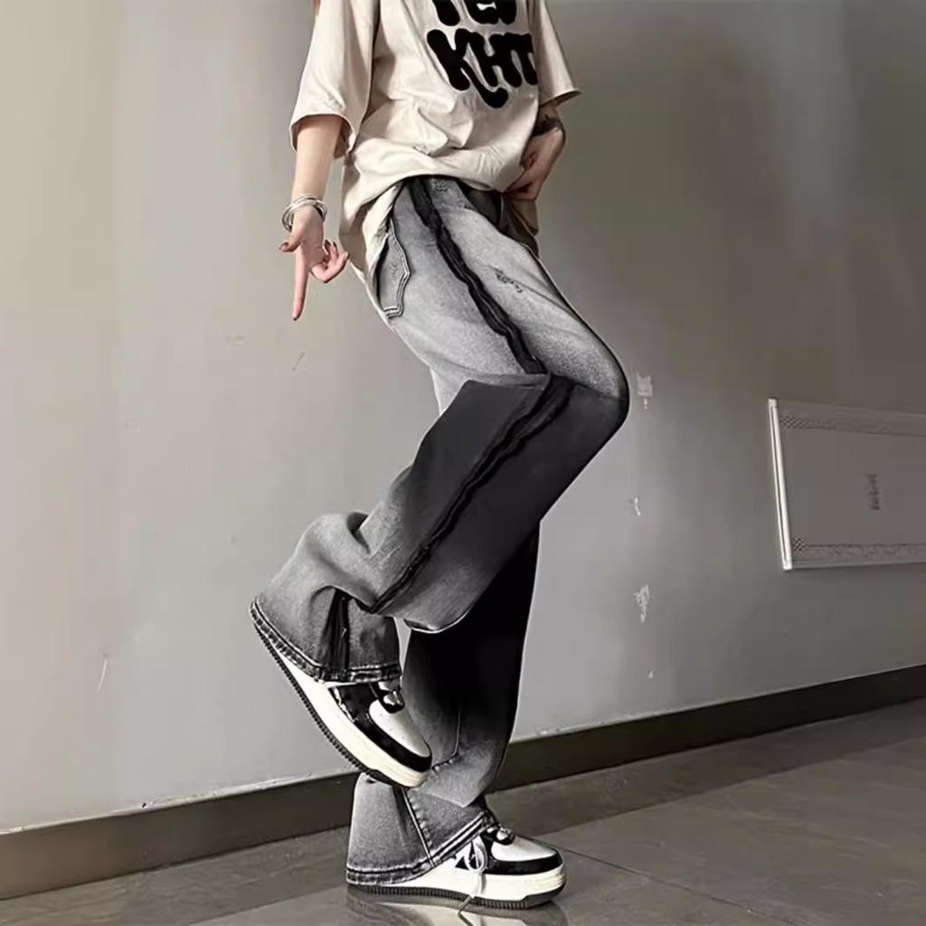 High street ro style dirty contrast color gradual change micro horn jeans men and women retro rough edge mopping wide leg pants