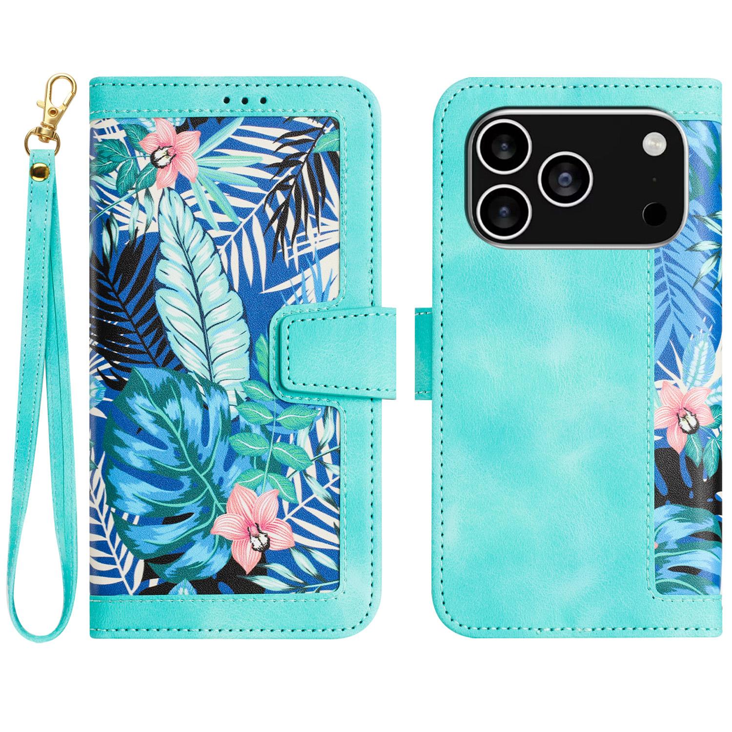 

For iPhone 17 Pro Case PU Leather Floral Phone Cover with Card Slots Green