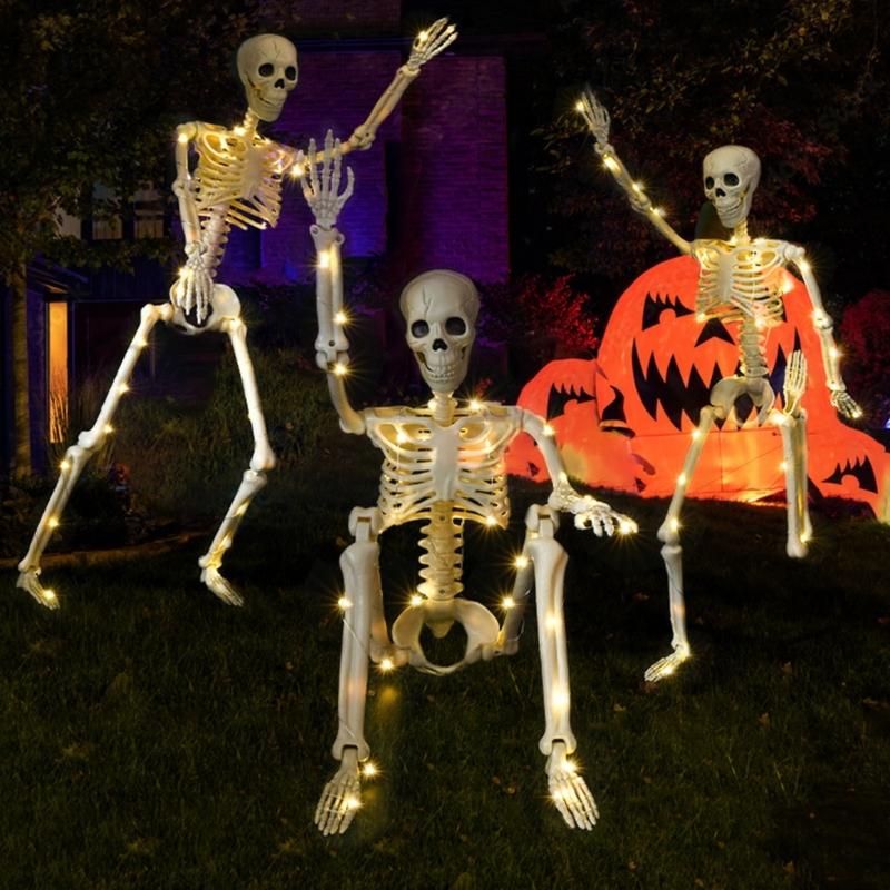 Poseable Full Body Human Skeleton Decors Haunting Halloween Party Skeleton with LED Green Lights for Scary Atmosphere