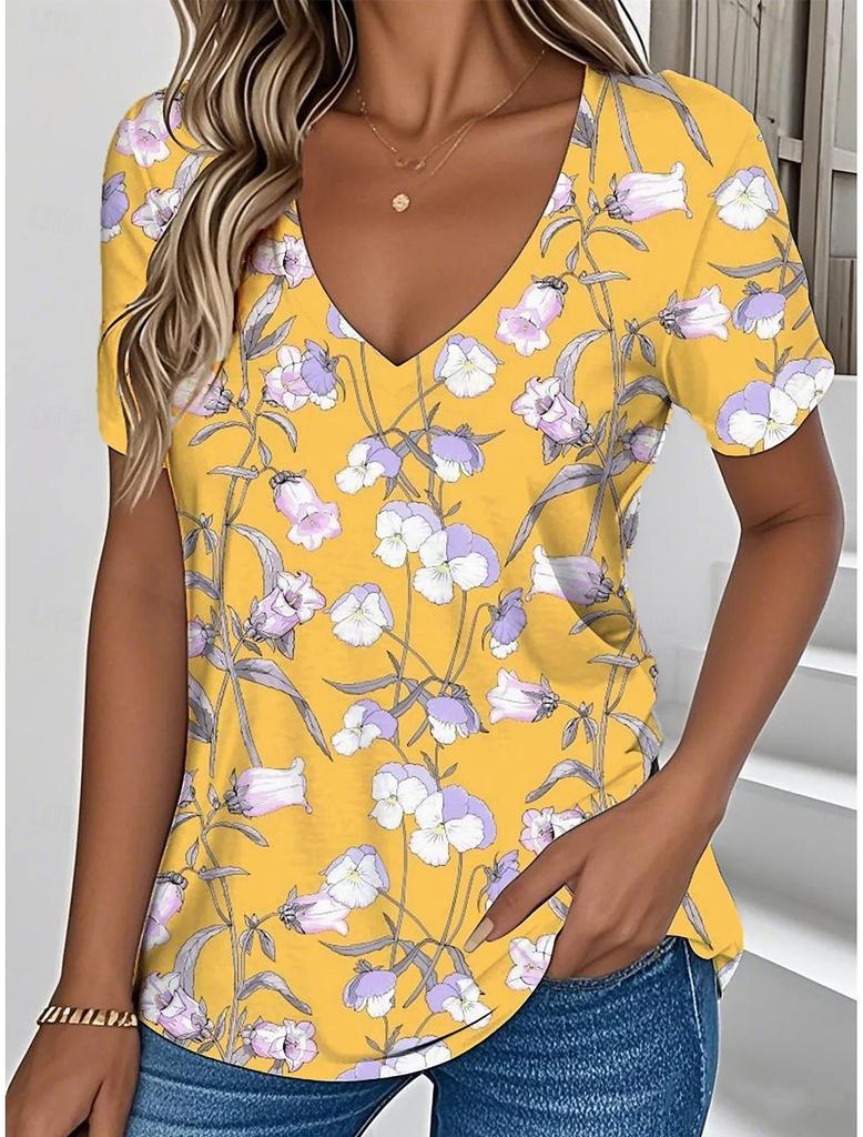 3D Printed Short Sleeve Floral Retro Printed Women's V-Neck Pullover T-Shirt Summer Loose Women's Casual Short Sleeve Top