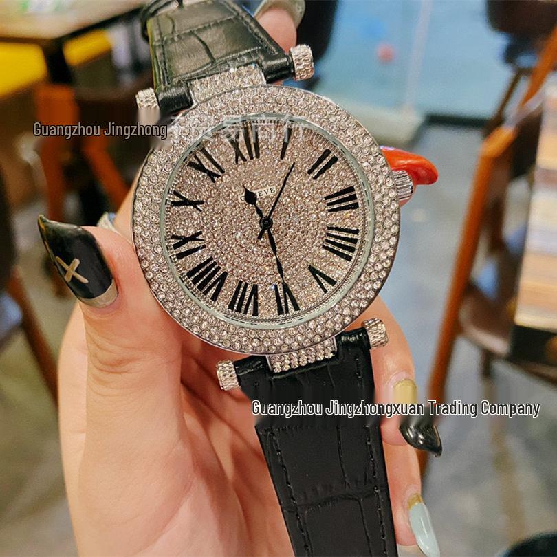 

Женские римские кварцевые часы с безелем, полностью инкрустированным бриллиантами, и кожаным ремешком