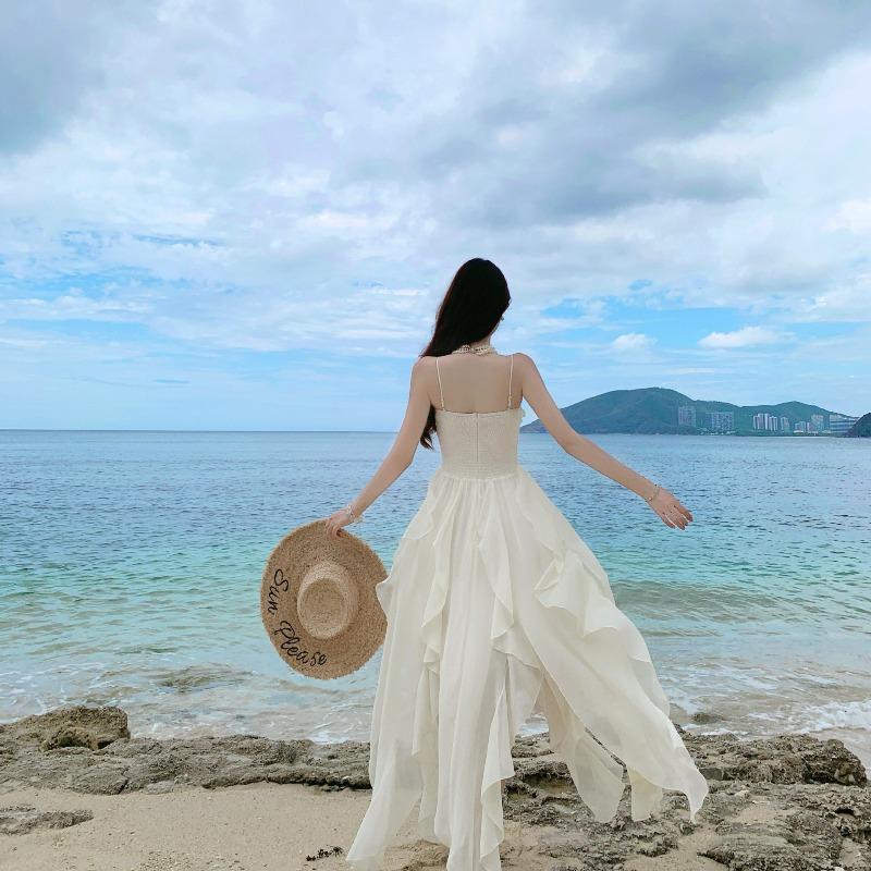 French Fairy Lotus Leaf Edge Suspender Dress Female Seaside Vacation Sexy Irregular Split Fairy Long Dress