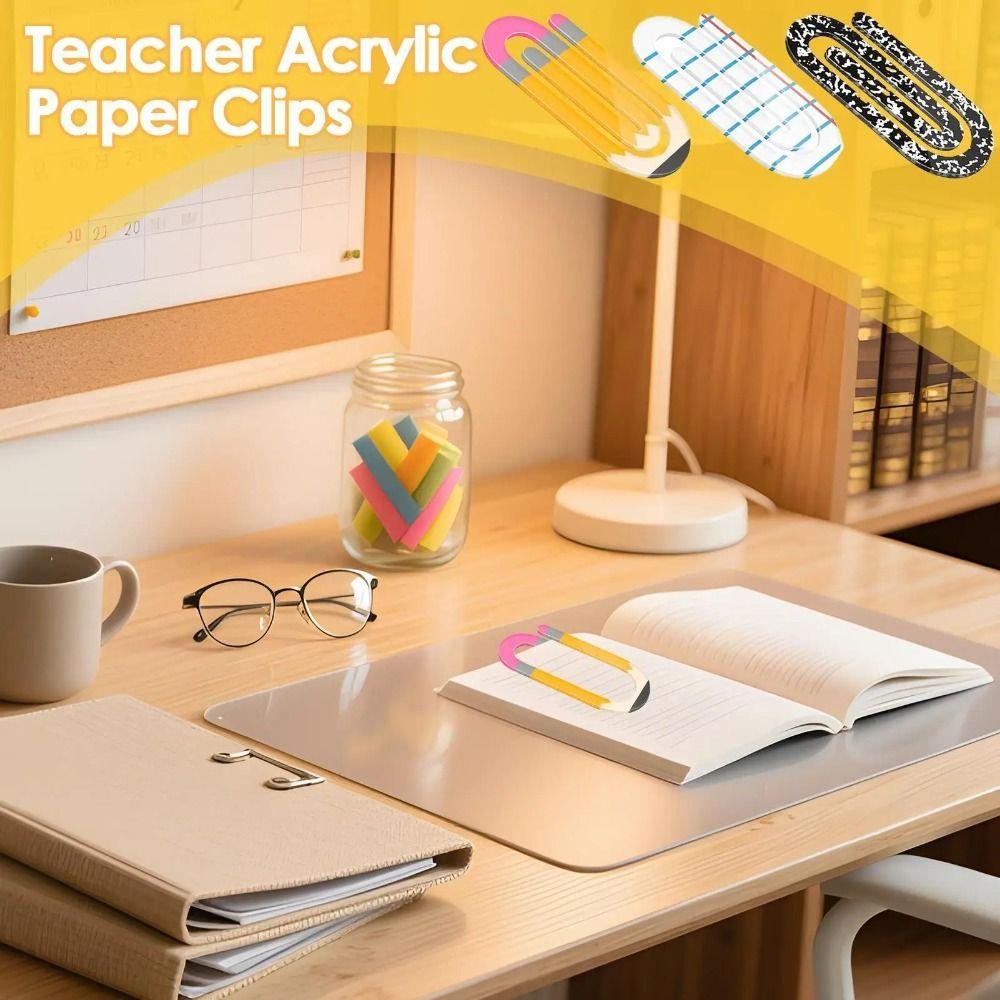 4pcs Classroom Theme Paperclip Bookmark Acrylic Notebooks Paper Clips  Note Decor