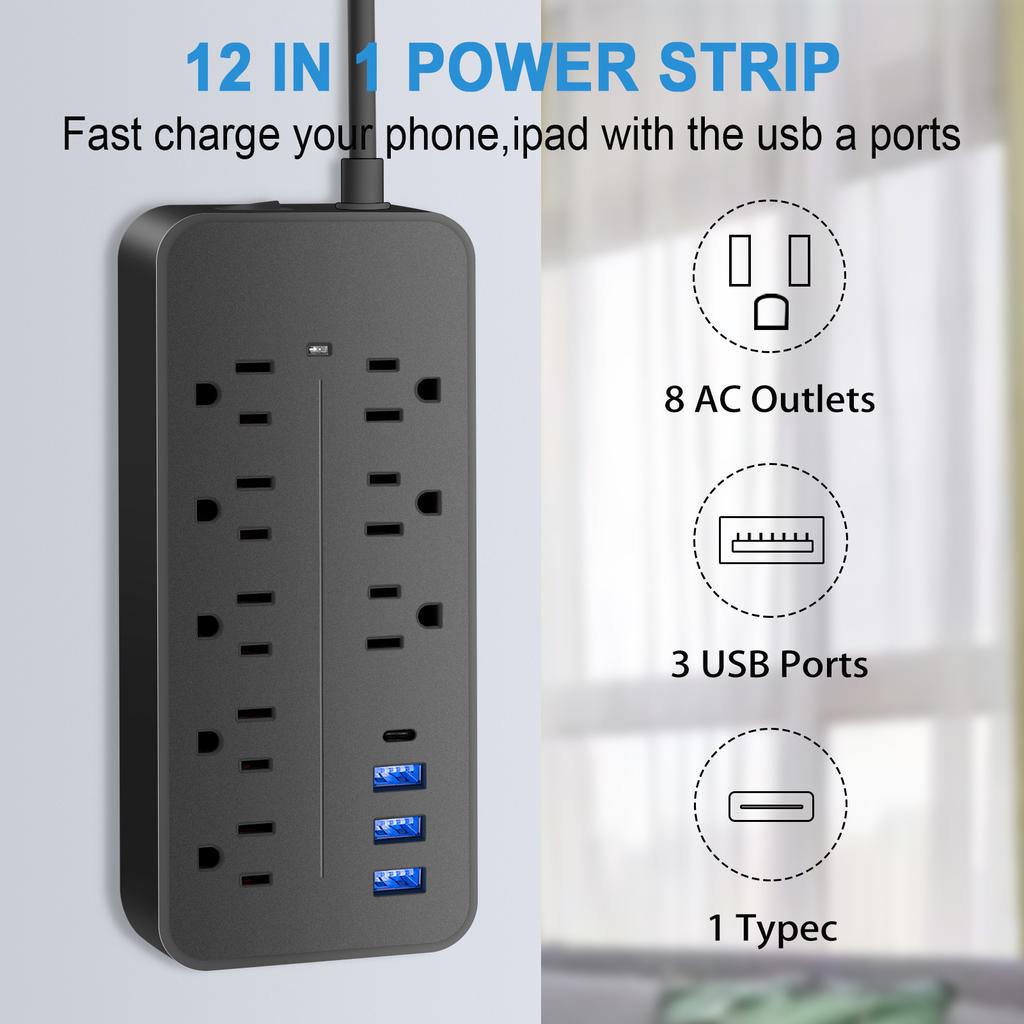 Fast Charge Power Strip, 4 Outlets & 4 USB (2 Type-C) with 10ft Extension Cord & Surge Protection for Multiple Devices