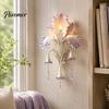 Modern Iris Petal Lamp Bloom Wall Sconce, Vintage Floral Light with Faux Crystal Sconce Drops, Romantic Purple Ambient for Bedroom Living Room