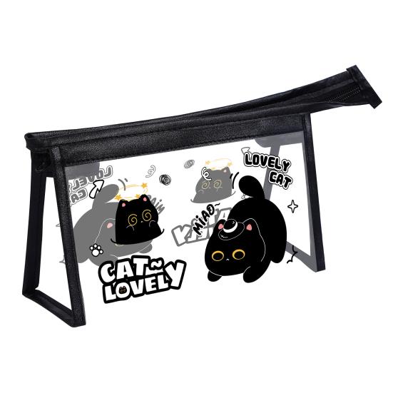 Transparent Pencil Case Cartoon Black Cat Ball Waterproof PVC Pen Pouch with Zipper Office Supplies School Students Stationery Bag A
