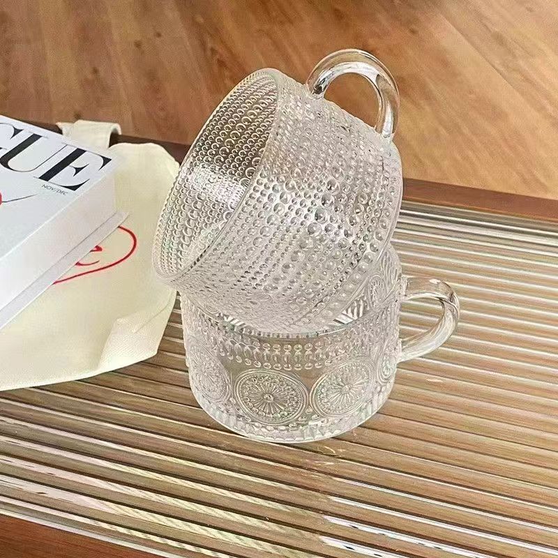 Glass Embossed Household Water Cup, Retro Sunflower Large-capacity Breakfast Milk Cup, Gold-painted Cup with Spoon, High-value Cup