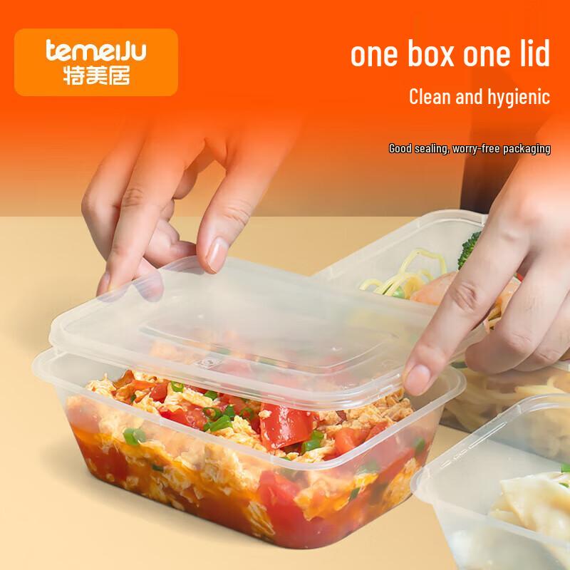 Temaiju Disposable Microwavable Transparent Rectangular Takeout Meal Box with Lid, 50-Pack