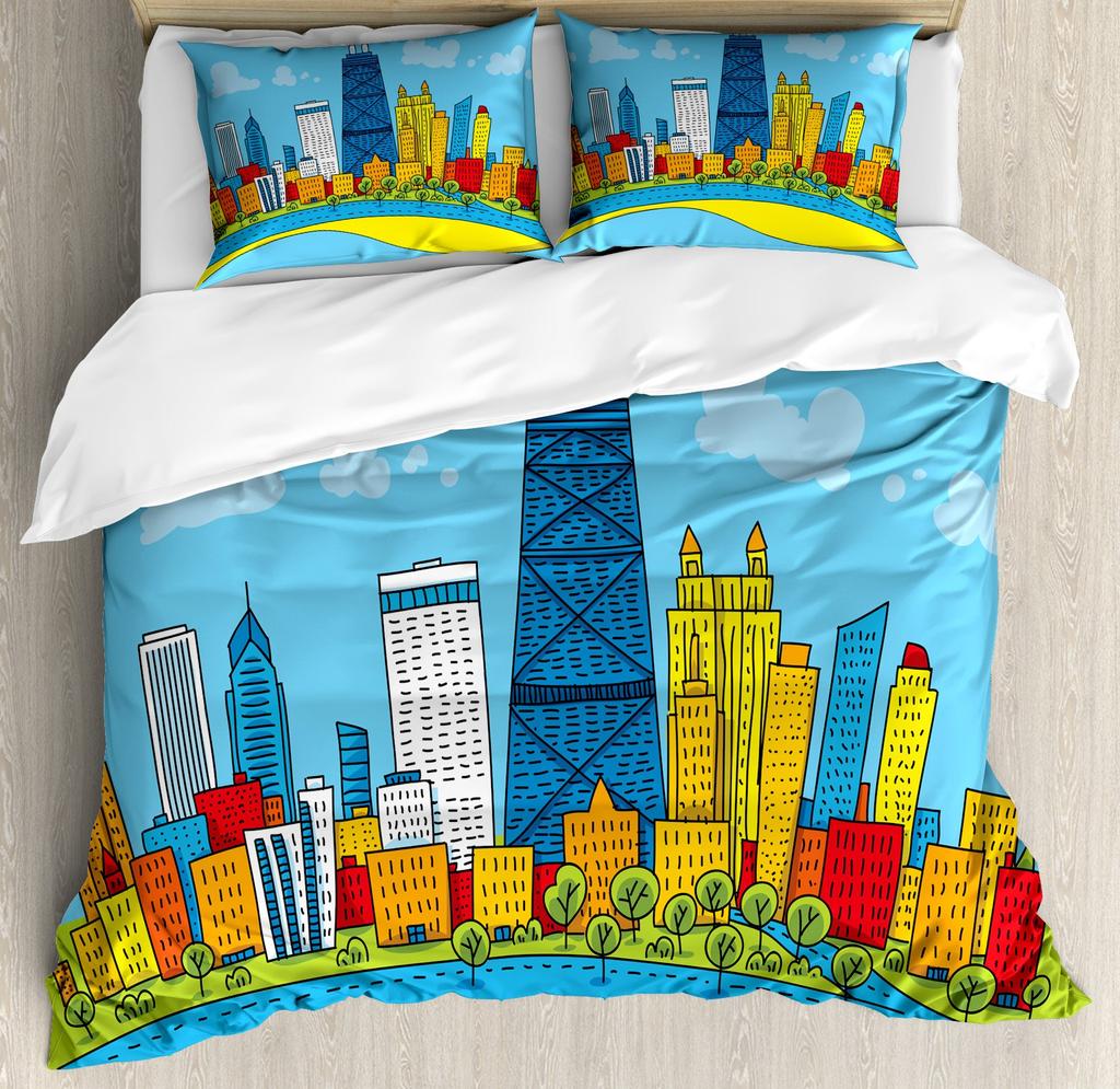 Skyline Duvet Cover Set for Adults Queen King Lightweight Quilt Cover with 2 Pillowcases City Buildings Bedding Set No Comforter