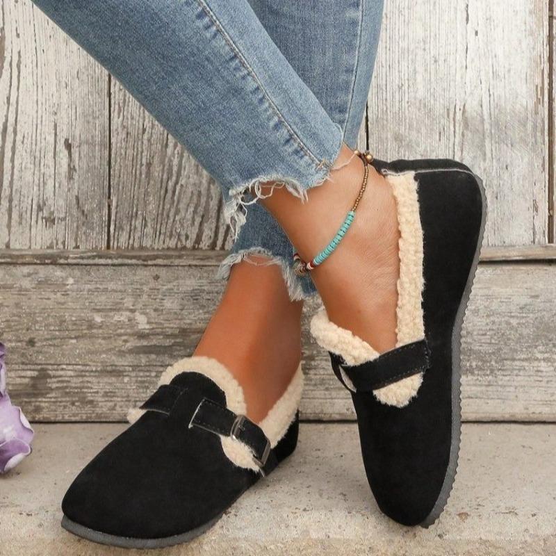 Fleece one-pedal cotton shoes women's winter new retro flat-bottomed warm buckle cotton shoes