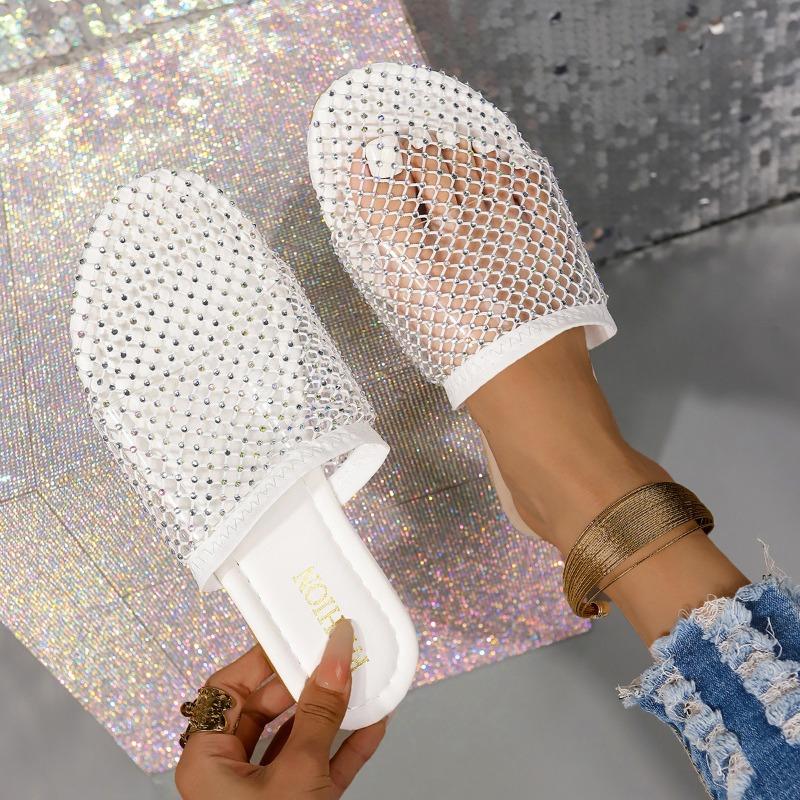 Women's Rhinestone Mesh Mules Sparkly Slip-On Flat Sandals with Fashion Insole