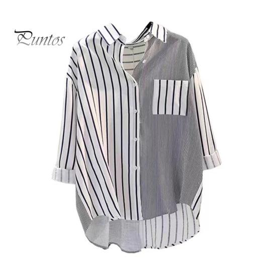 

Женская рубашка в полоску с принтом, короткая передняя и длинная задняя блузка с отворотом и длинным рукавом, однобортная, Свободная повседневная повседневная блузка соответствующего цвета L синий