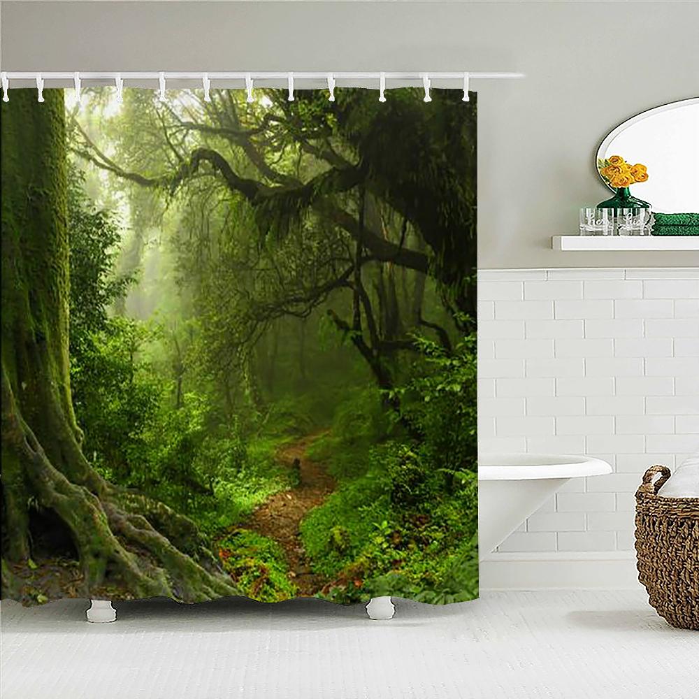 Tropical Rainforest Forest Shower Curtains Bathroom Curtain 3D Natural landscape Fabric Waterproof Bath Curtain with Hooks