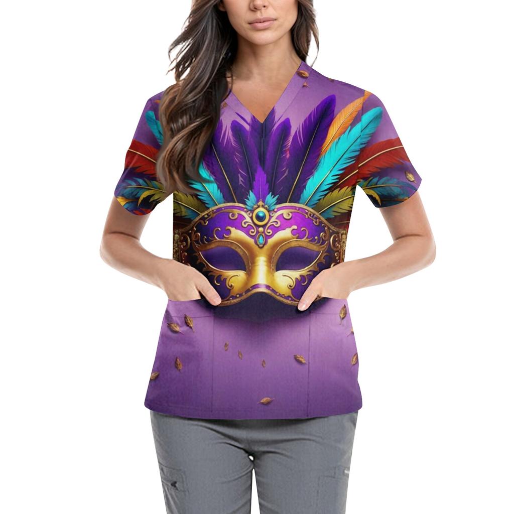 Women's  Carnival Themed Outfit Party Mask Pattern Caregiver Top