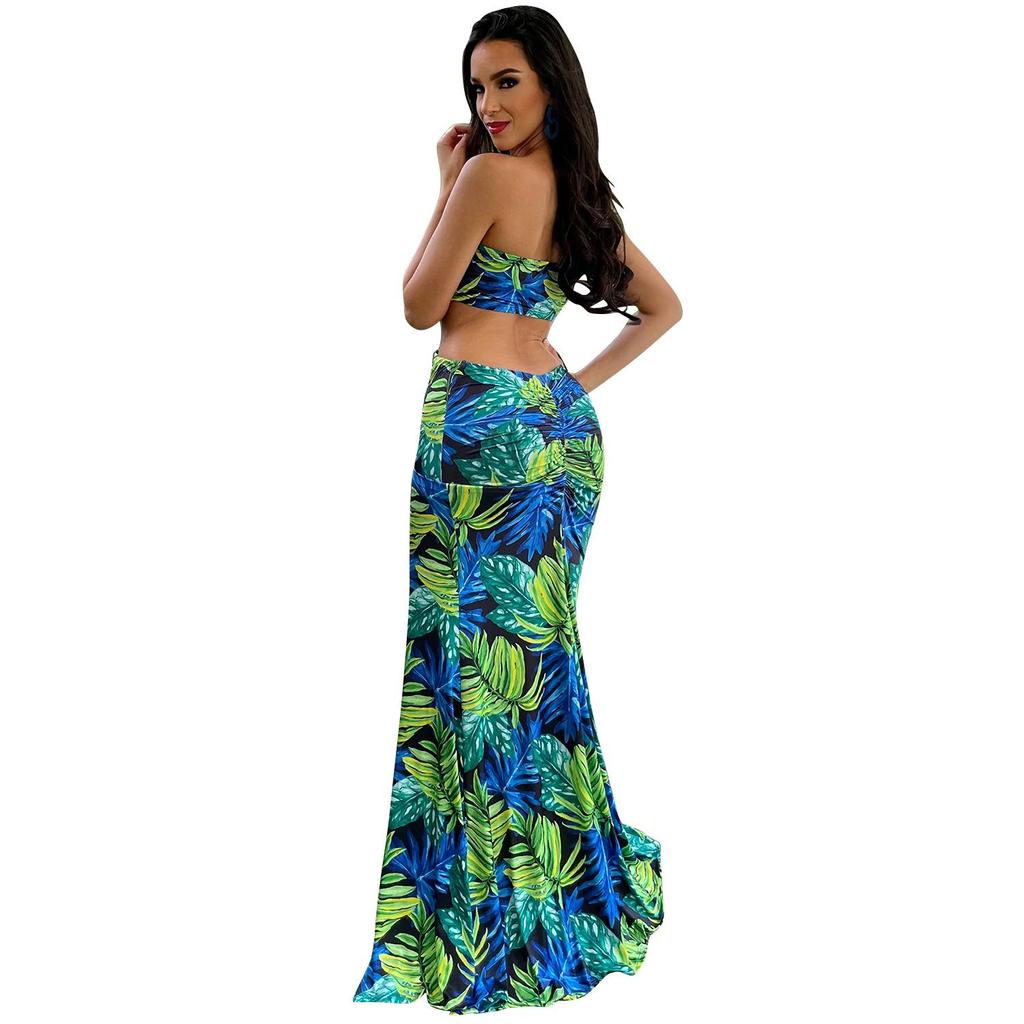 European & American Women's Printed Sexy Slit Sling Long Dress