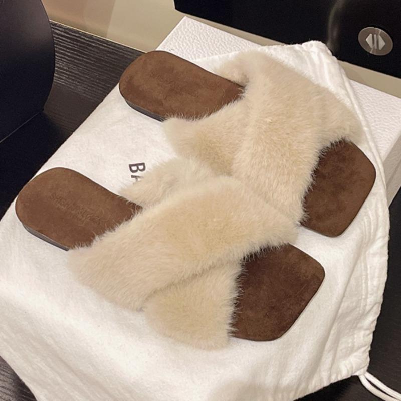 Fashion Square Toe Women Flats Fur Slippers Designer Elegant Shoes 2025 Winter New Flip Flops Fashion Casual Sandals Dress Zapatos Mujer