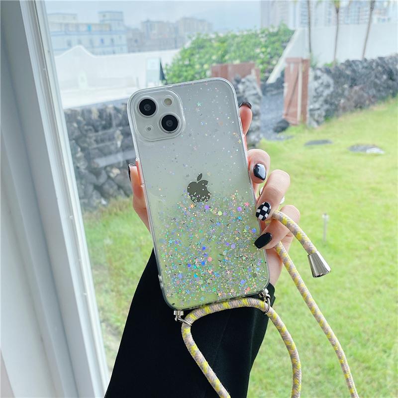 New Glitter Sequins Gradient Clear Necklace Strap Lanyard Phone Case For iPhone17 16 13 12 11 Pro Max14 15 Plus Soft Cover