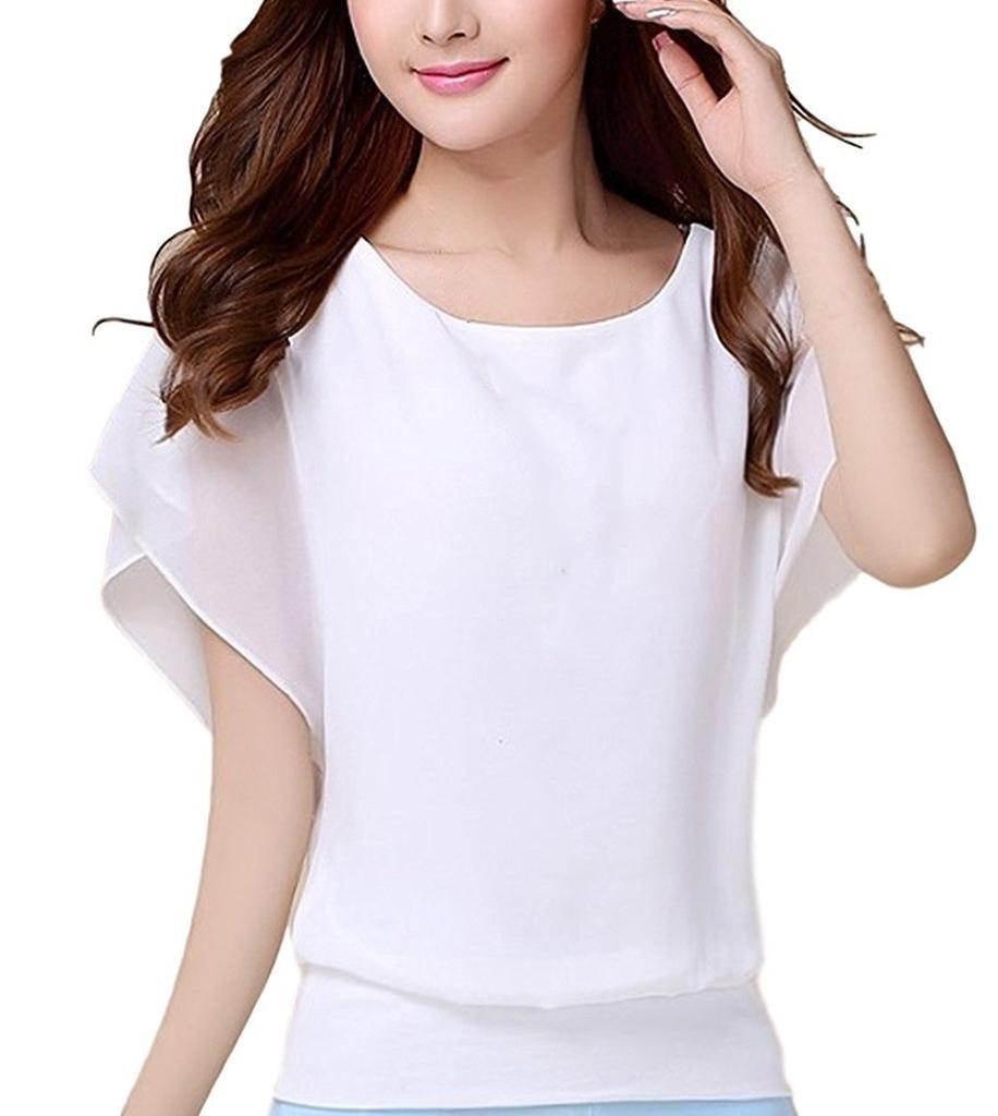 Blouse Shirt Chiffon Short Sleeve Top Cut and Sew Butterfly Flare Sleeve 7002 Tunic Blouse White Blouse Flare Sleeve 7002 [Lunar Berry] Women's (XL,