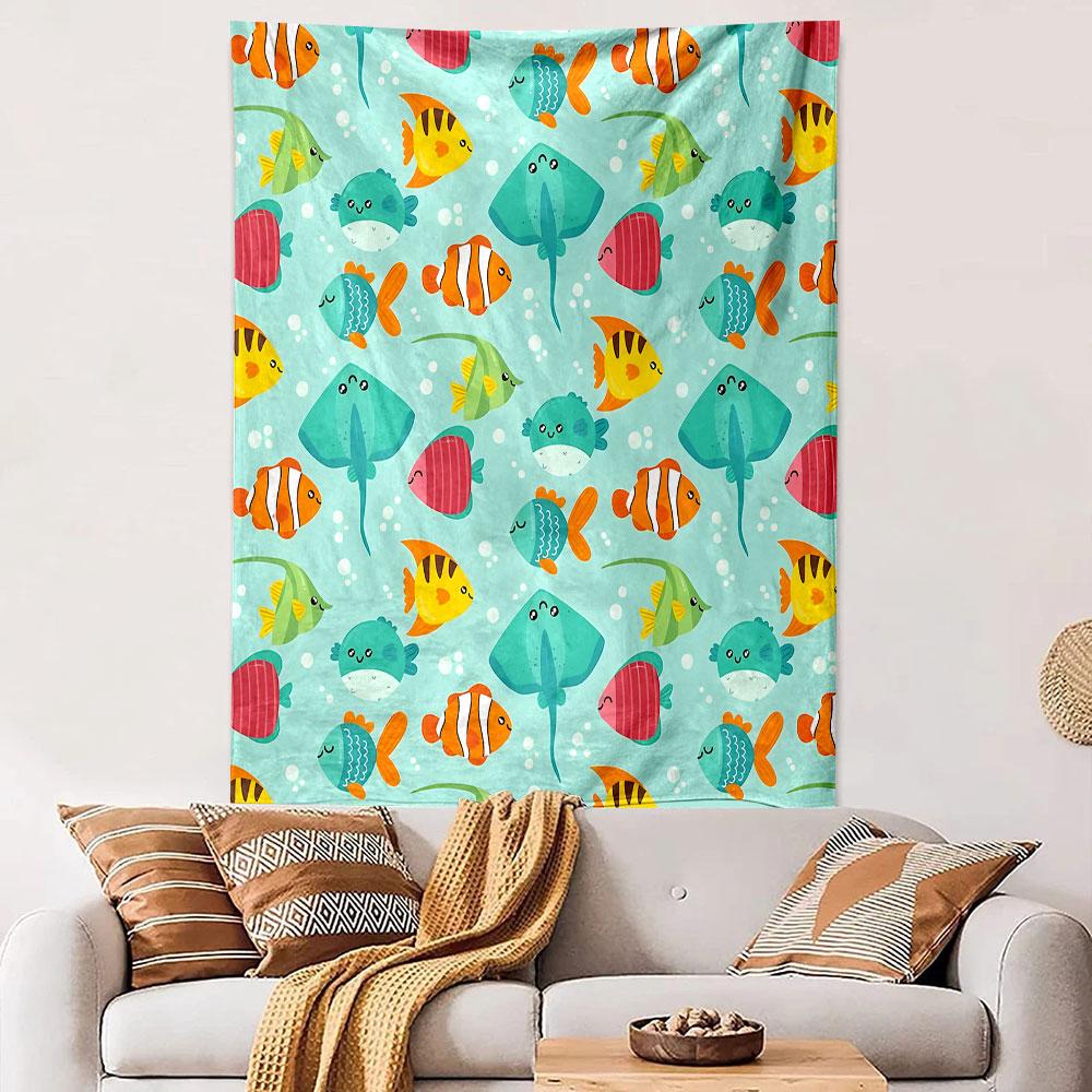 Colorful Cartoon Tropical Fish Pattern Patterned Tapestry Decorative Wall Hanging, Home Bedroom Living Room Decor