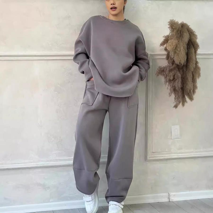 Fall Winter Women's Casual Solid Crew Neck Long Sleeve Pocket Sports Set Sweatshirt Loose Fit