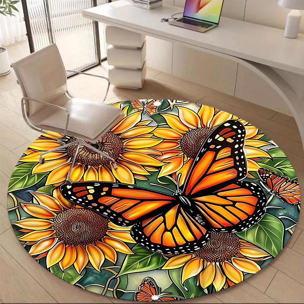 1PC Butterfly Sunflower Office Round Area Rug, Indoor Mat Suitable For Office, Under Office Chairs Bedroom Living Room Home Decor, Room DecoT1223060