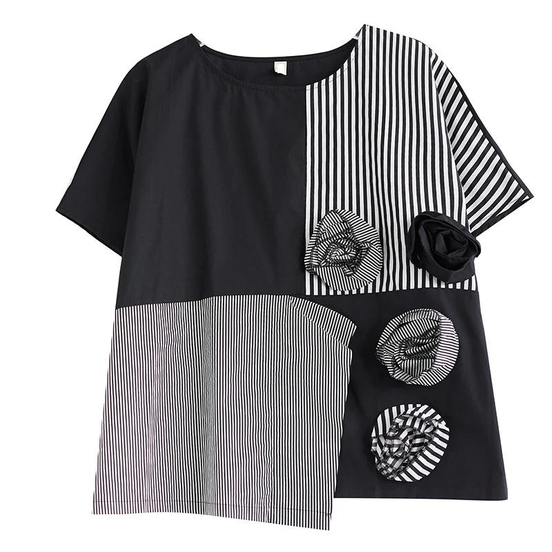 

XITAO асимметричная полосатая блузка с трехмерным цветочным украшением женский топ ZY8814 One Size чёрный