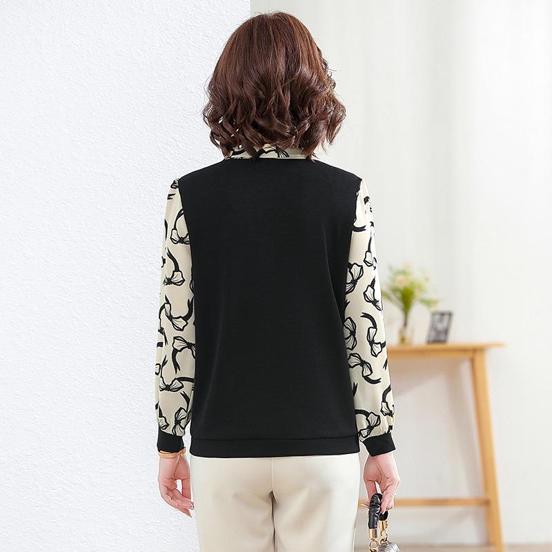 Stylish Printed Bow Tie Chiffon Top for Middle-Aged and Elderly Women – Loose Fit, Long-Sleeved, Plus Size