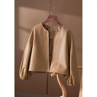 Women Spring Autumn Short Simple PU Leather Coat Women Simple Lantern Sleeve Design Jacket