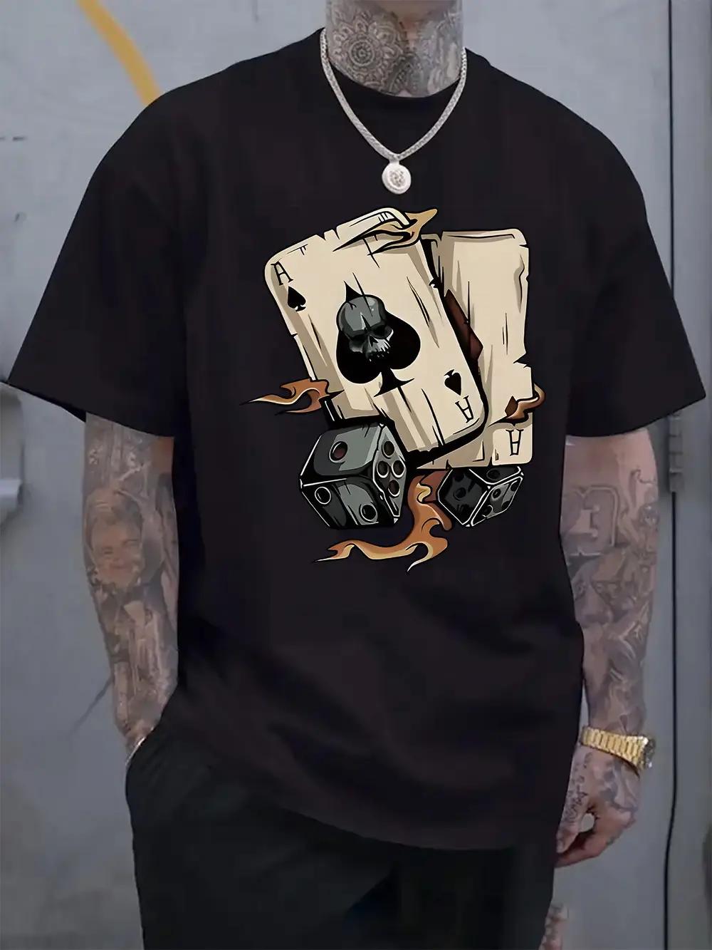Skull Dice Adventure Graphic T-shirt - White Casual Short Sleeve Round Neck Tee with Dice & Gear Print XXXL