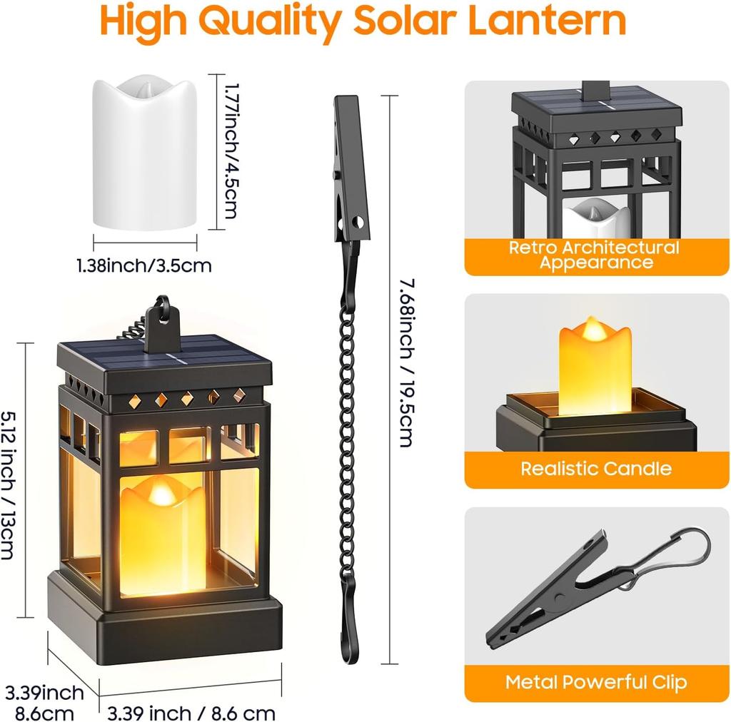 Solar Lanterns Outdoor Waterproof, 2 Modes LED Flameless Candle Hanging Light for Patio Yard Tree Decor