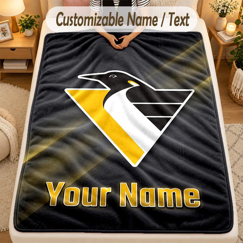Flannel BlanketPittsburgh Penguins Custom Name Text Personalized Soft Warm Throw Blanket Home Decor Gift