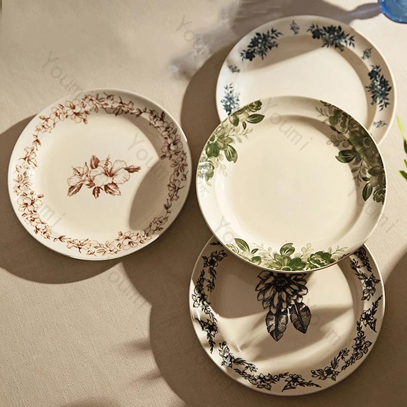Retro Chinese Style Ceramic Plate Light Luxury Restaurant Plates Breakfast Dessert Trays Delicious Dishes Household Tableware