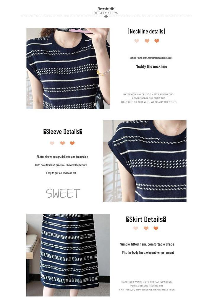 New Summer Ice Silk Maternity Dress with Short Sleeve Polo Collar and Slimming Color Block Stripes