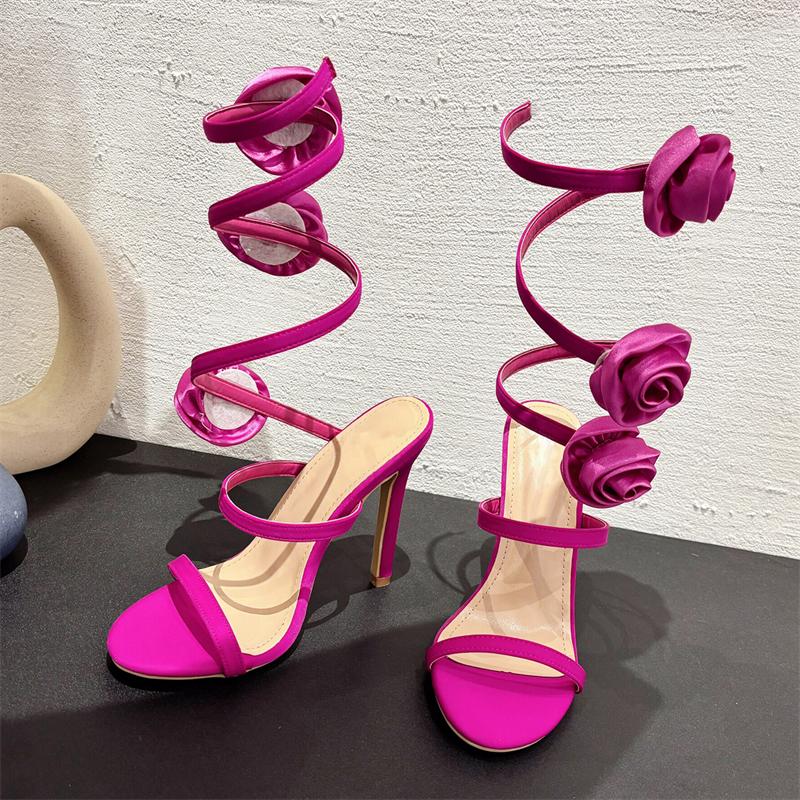 Summer Sexy Silk Flower Ankle Strap Sandals Woman Fashion Open Toe Stiletto High Heels Banquet Party Pumps Shoes