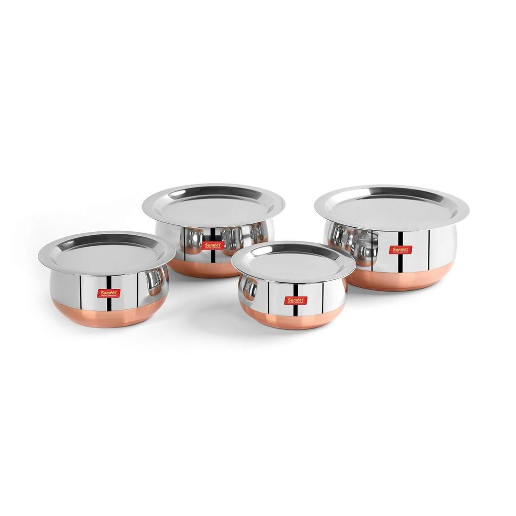 Stainless Steel Copper Bottom Belly Shape 4 Pc Tope/Cookware/Pot Set with Lid 380ML, 500ML, 780ML, 1.1Ltr, (Silver)