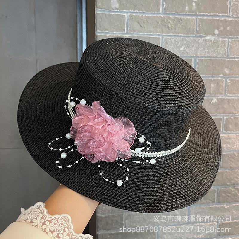 Pearl flower sunshade woven straw hat women's summer seaside vacation sun hat new flat-top sunscreen beach hat