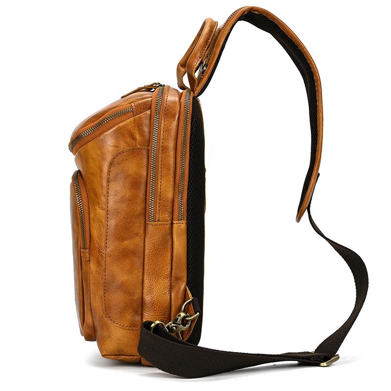New Men'S Leather Breast Bag, Retro Tree Paste Leather Shoulder Bag, First Layer Cowhide Large-Capacity Messenger Bag